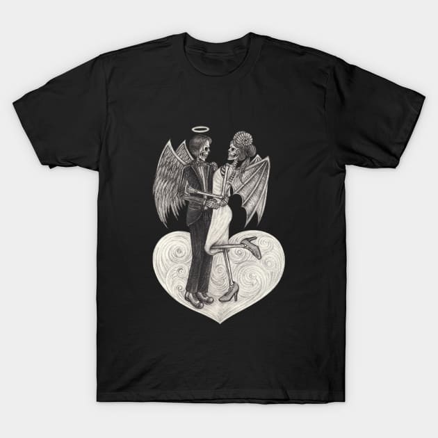 Angels and demons skeletons in love. T-Shirt by Jiewsurreal